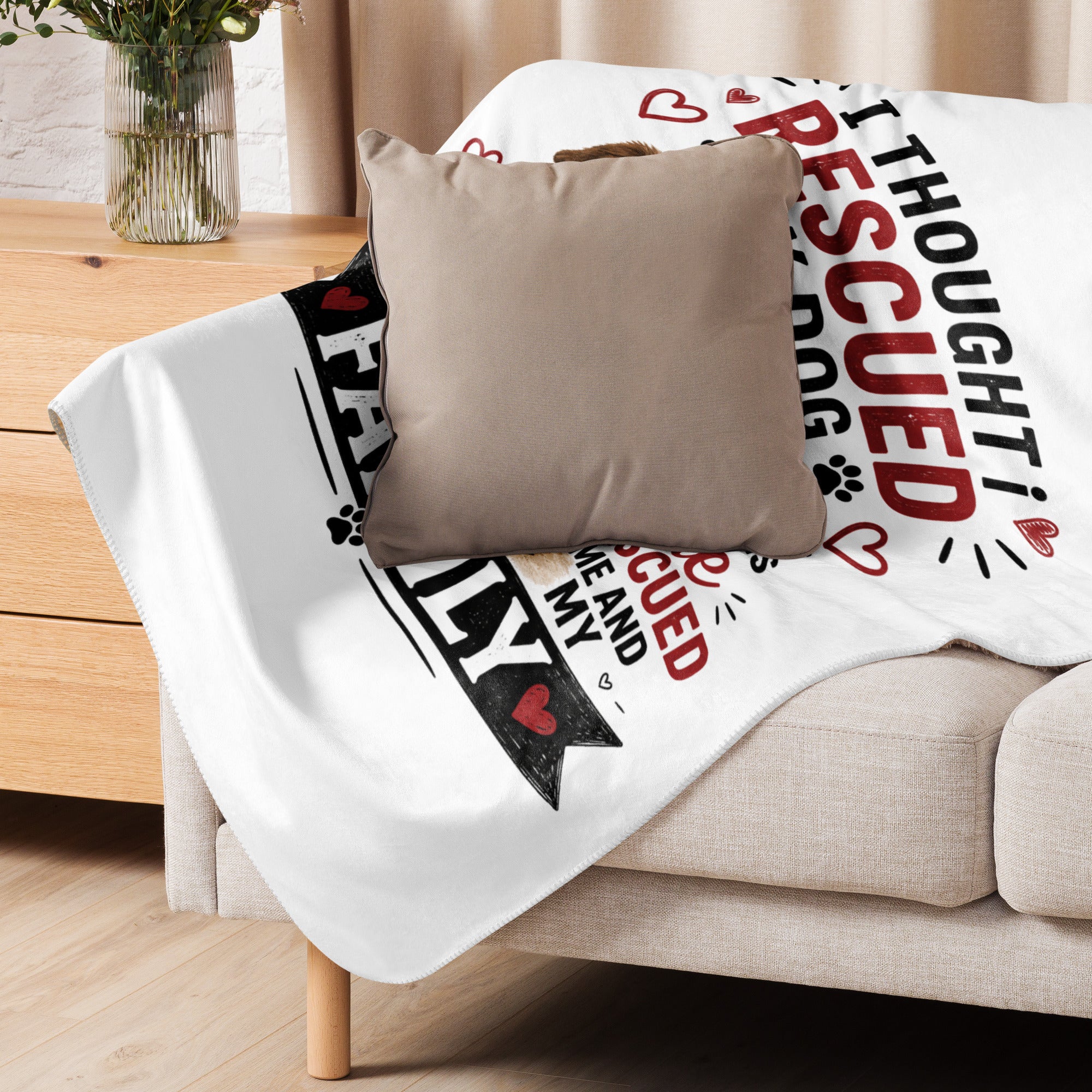 Rescued me collection Sherpa blanket on a sofa with cushion 