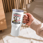 A hand holding a white insulated tumbler with a clear lid. The tumbler features a printed graphic with the text 'I THOUGHT I